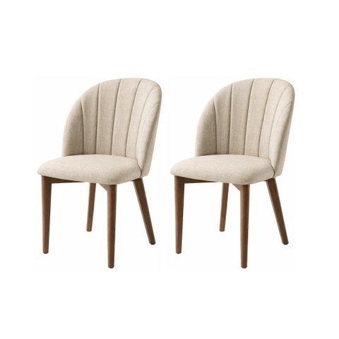 Conjunto de 2 Cadeiras de Madeira Maciça Estofada Donatella - Natural c/ Linho Off White