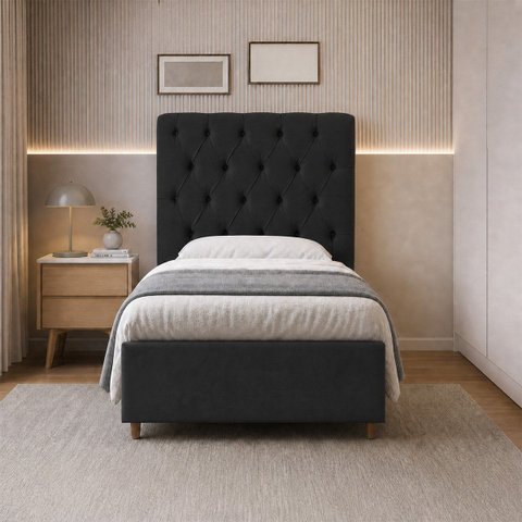 Cabeceira para Cama Solteiro Estofada Capitonê Luna Vilajo em Suede Preto – 0,88 m