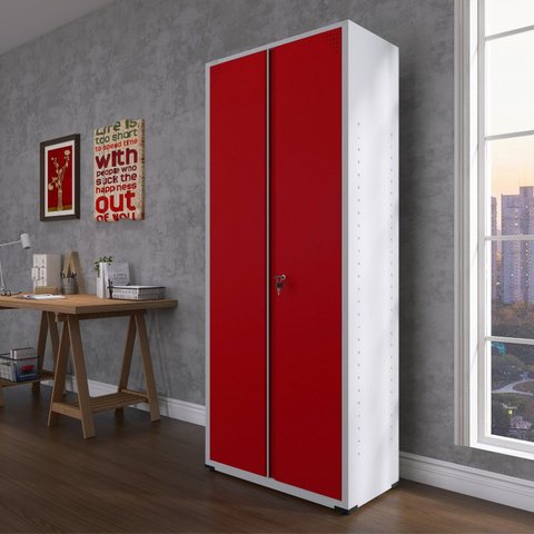 Armário de Escritório 2 Portas com Chave e Prateleiras Reguláveis Aço Cinza/Vermelho
