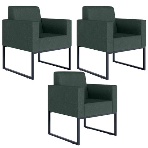 Kit 3 Poltronas Decorativa Sala Recepção Base Fixa de Metal Helô L02 Linho Verde Musgo - Lyam