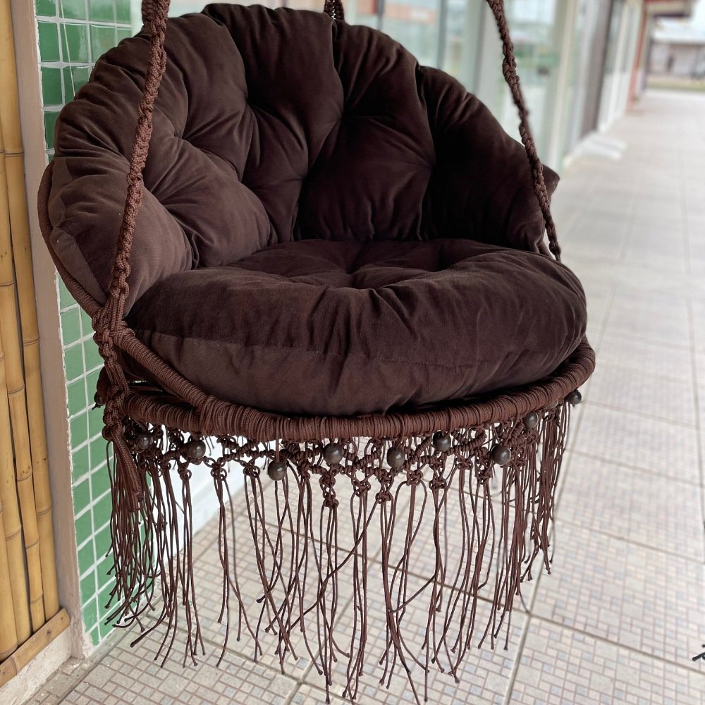 Cadeira Suspensa de Macrame com Almofada Corda Náutica Marrom Almofada Marrom Rede para Dormir - 4