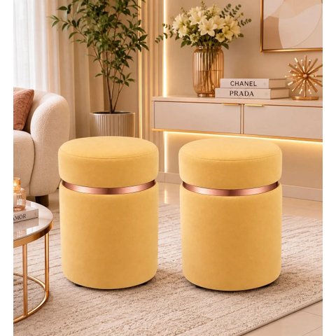 Kit de Puff Superior Rose Gold, Cor Amarelo Claro Veludo - Let Móveis