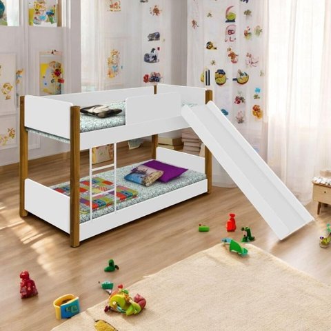Beliche Infantil Vila Serena Montessoriana com Escorregador MDF Branco e Mel Divaloto Móveis