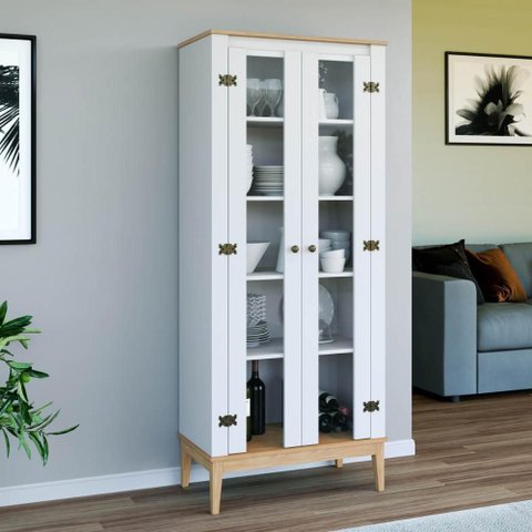 Cristaleira Sala Jantar 75cm com 2 Portas e 4 Prateleiras Cor:mel Branco