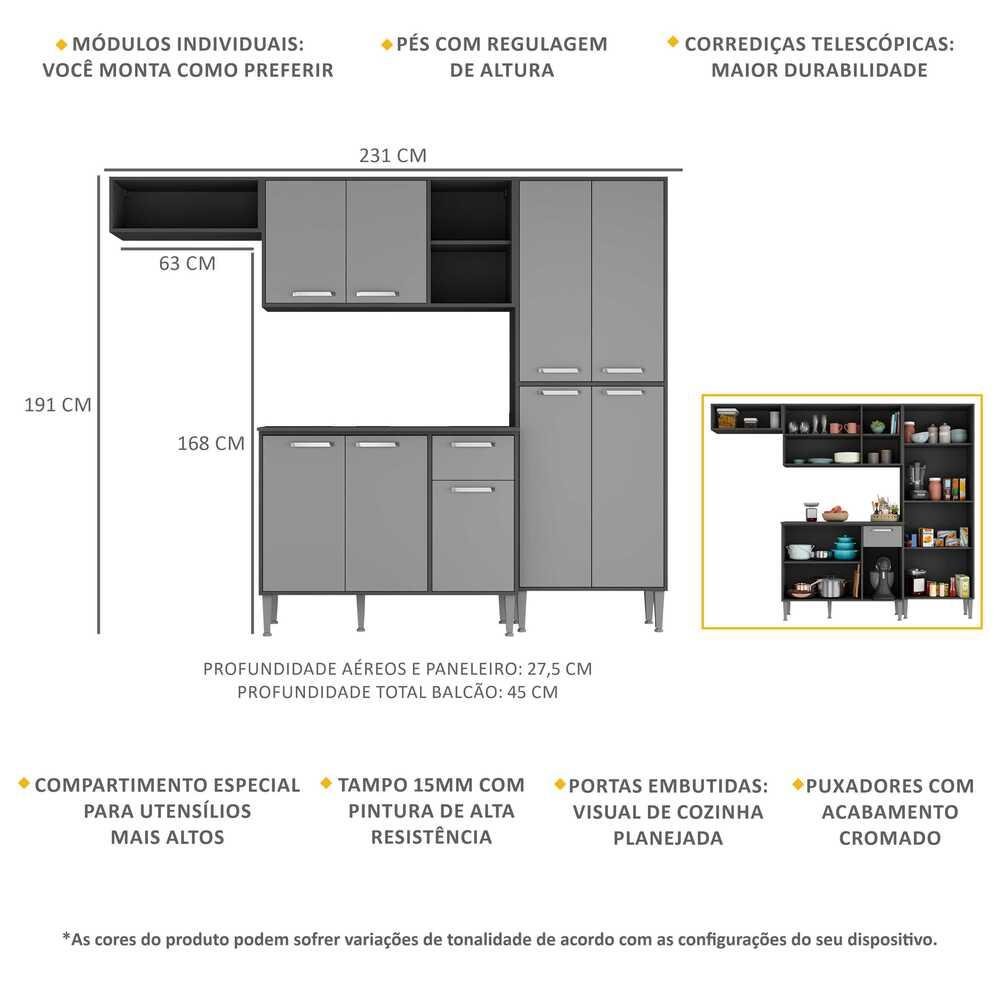 Cozinha Compacta Xangai 9 Portas Multimóveis Preta/Grafite - 3