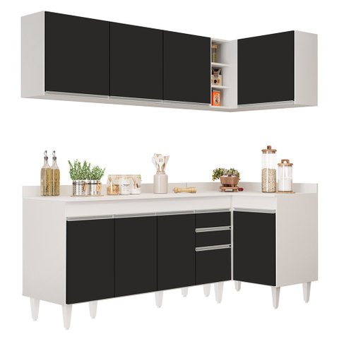 Armário de Cozinha Modulado de Canto Esquerdo 4 Peças Cp50 Balcão com Tampo Branco/preto - Lumil Lum