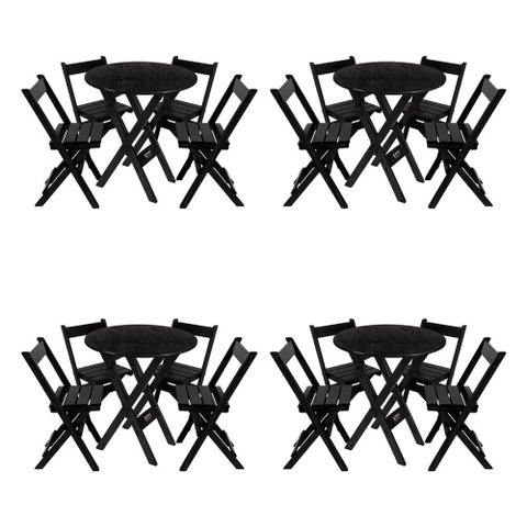 Kit 4 Conjuntos Mesa Redondo 70cm Dobrável com 4 Cadeiras em Madeira Maciça - Preto - Preto