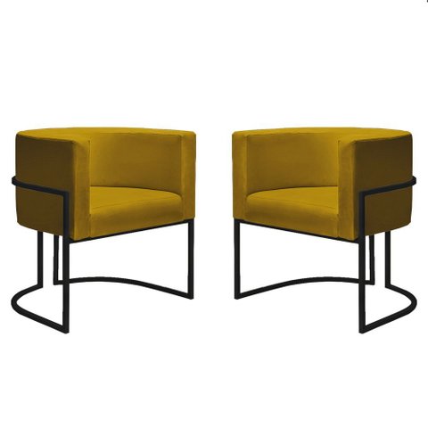 Kit 2 Poltronas Reforçadas Decorativa Sala Nayara Base Ferro Preto Suede Amarelo
