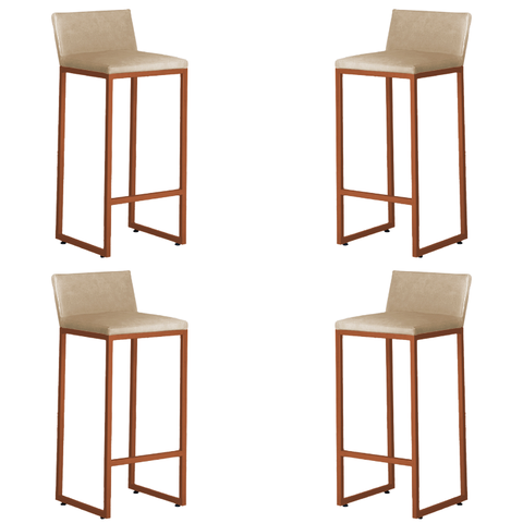 Kit 4 Banquetas Alta Dani Reforçada Decorativa Balcão Bancada Cozinha Bar Base Bronze Courino Bege