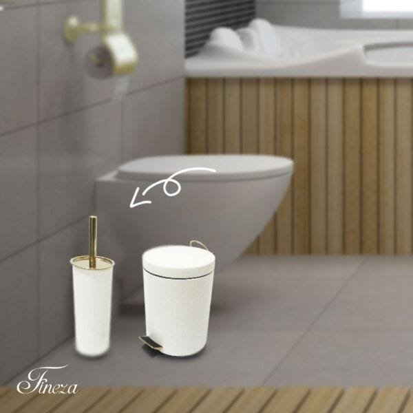 Conjunto Branco e Dourado para Banheiro-Lixeira com pedal+escova sanitária - By Fineza - 6