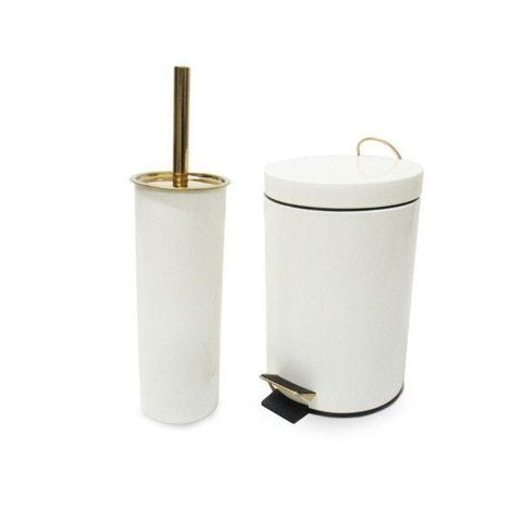 Conjunto Branco e Dourado para Banheiro-Lixeira com pedal+escova sanitária - By Fineza
