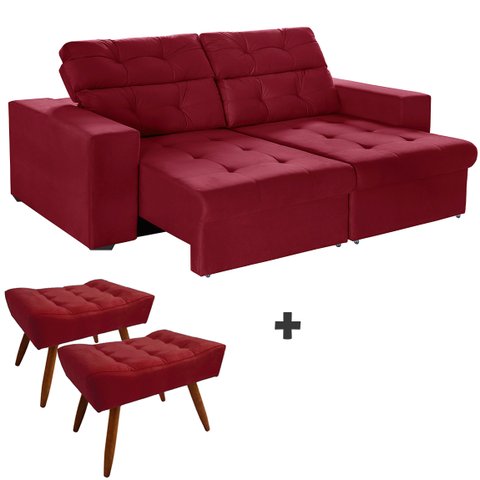Sofá 3 Lugares New Itália 2,10m Retrátil, Reclinável, com 2 Puffs pés Palito, Vermelho