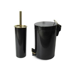Conjunto Preto e Dourado para Banheiro-Lixeira com pedal+escova sanitária - By Fineza - 1