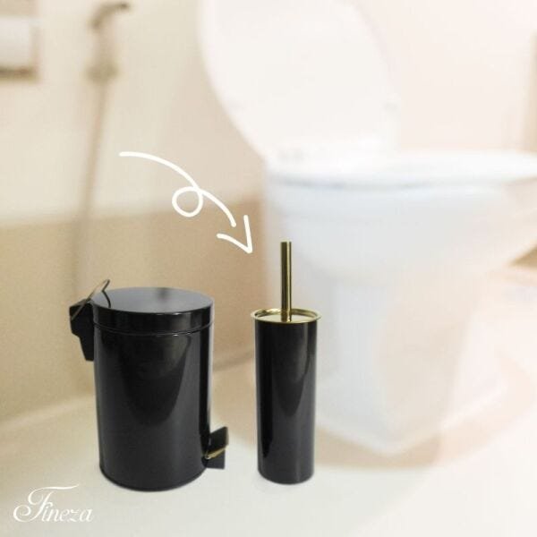 Conjunto Preto e Dourado para Banheiro-Lixeira com pedal+escova sanitária - By Fineza - 6