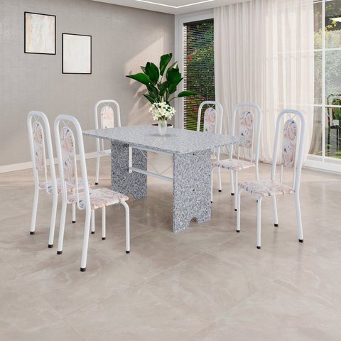 Conjunto Sala de Jantar com 6 Cadeiras Lara Branco/Bege