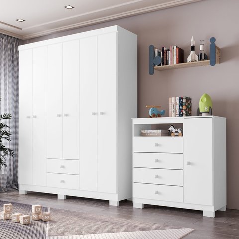Guarda Roupa 6 Portas e Cômoda Sapateira 4 Gavetas Infantil Quarto Completo Baby Confort Branco