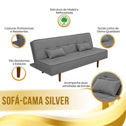 Sofá Cama Silver 3 Lugares Linho Cinza Grafite 1,92 - 4 Sofá Cama Silver 3 Lugares Linho Cinza Grafite 1,92 - 4