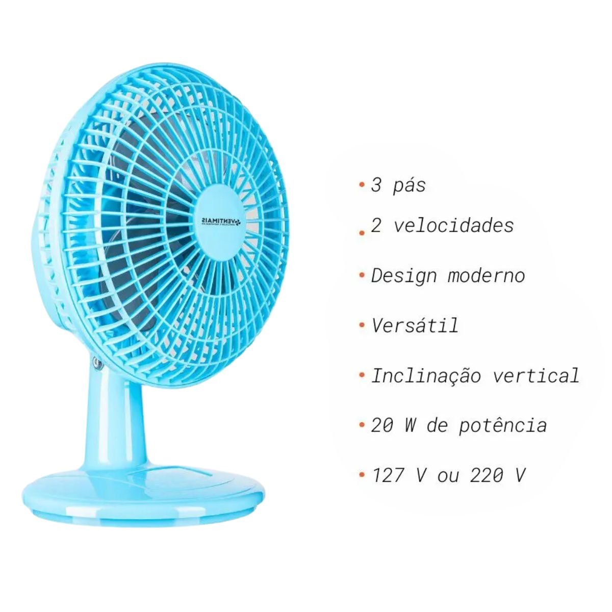 Mini Ventilador Turbo Ventimais 3 Pás 20cm Azul/prata 2 Velocidades 127v - 4