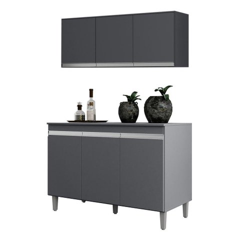 Kit Cozinha Balcão Manu 120cm com Tampo Mdp e Aéreo Andréia Cinza - Ajl Móveis