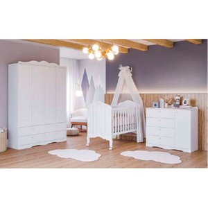 Quarto de Bebe Completo com Guarda Roupa Comoda e Berço 100% Mdf Encanto Harmonia Branco Permóbili B