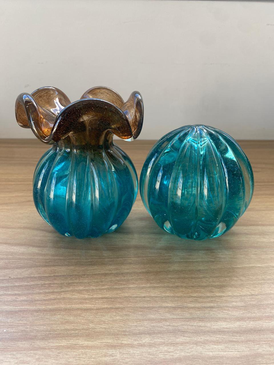 Conjunto Vaso Murano Trouxinha Marrom e Azul e Esfera Azul Casa Del Grande - 3