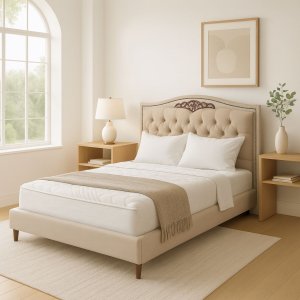 Cabeceira Kate Estofada para Cama Box de Casal 1,40 Veludo Bege Bz Home Decor