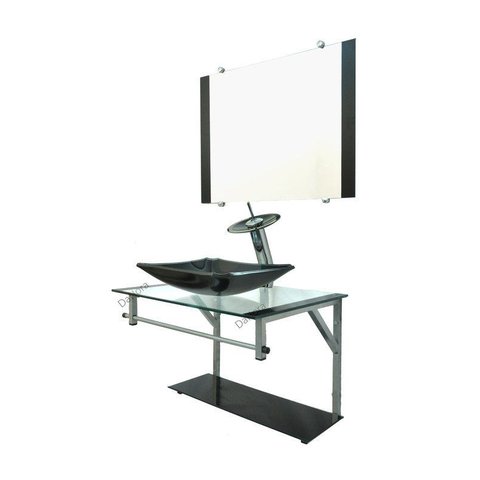 Gabinete de Vidro 60cm Cuba Chanfrada Preto + Torneira Cascata - Dahora