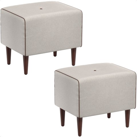 Kit 2 Puff Retangular Decorativo Eloah Linho Gelo Pés Palito Castanho - Arkell