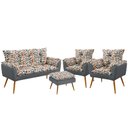 Ver imagem 1 de Kit Poltrona Namoradeira e 2 Poltronas Beta com Puff Lunar Suede Estampado Laranja com Cinza Aradeco
