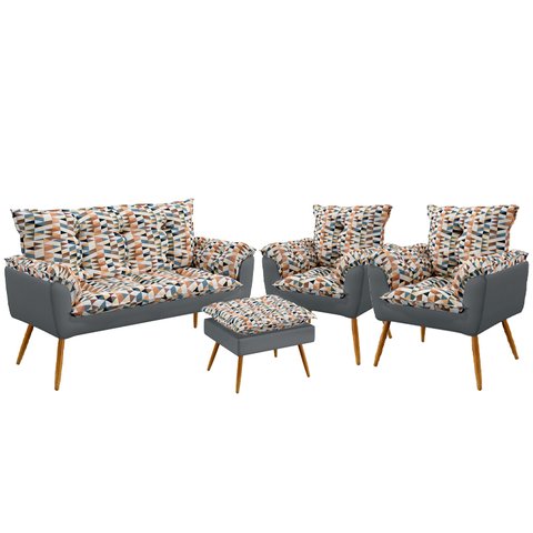 Kit Poltrona Namoradeira e 2 Poltronas Beta com Puff Lunar Suede Estampado Laranja com Cinza Aradeco