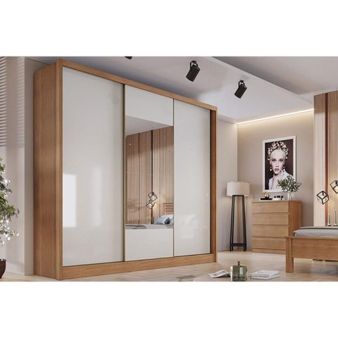 Guarda Roupas 3 Portas de Correr de (1 c/ Espelho) e 4 Gavetas Arezzo/Medelim Cumaru/Fendi 25 - Novo