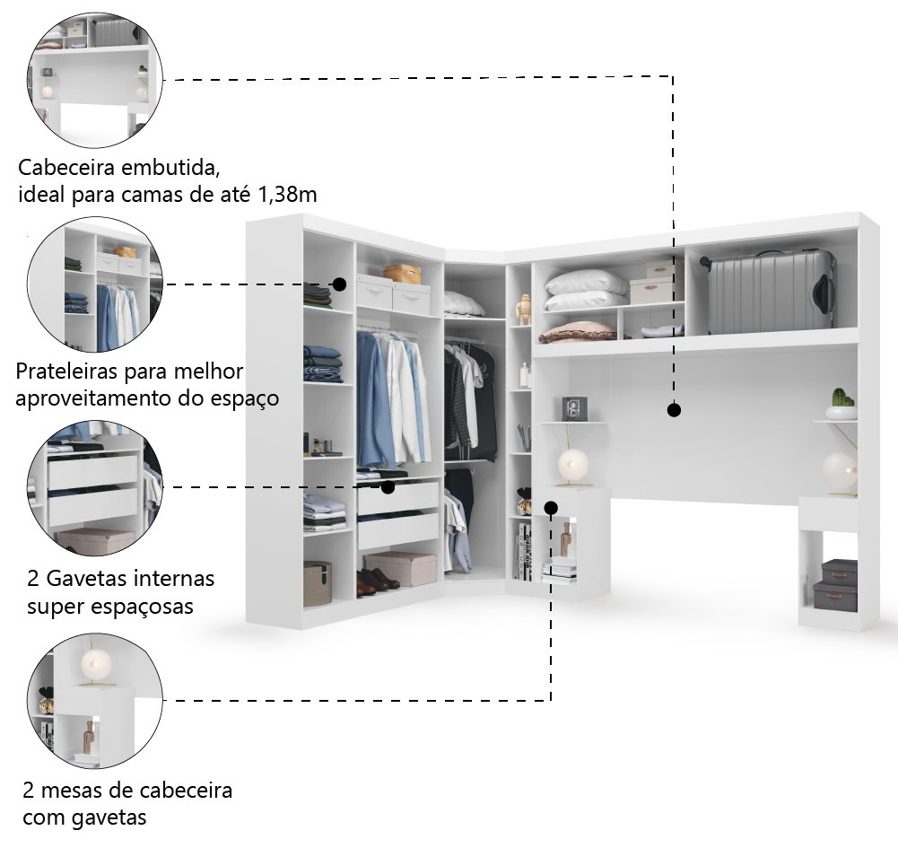 Guarda Roupas Modulado de Casal 1,38 com Cabeceira Genova Plus 6 Portas 4 gavetas Branco Batrol - 3