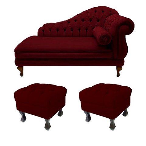 Recamier Divã Namoradeira Larissa 150cm + 2 Puffs Retrô Suede Vermelho Bordô