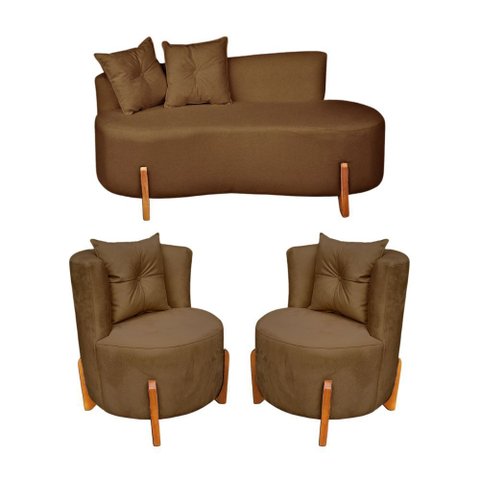 Conjunto 2 Poltronas + Sofá Curvo Orgânico Luna Boucle Cappuccino - Montanaris Decor