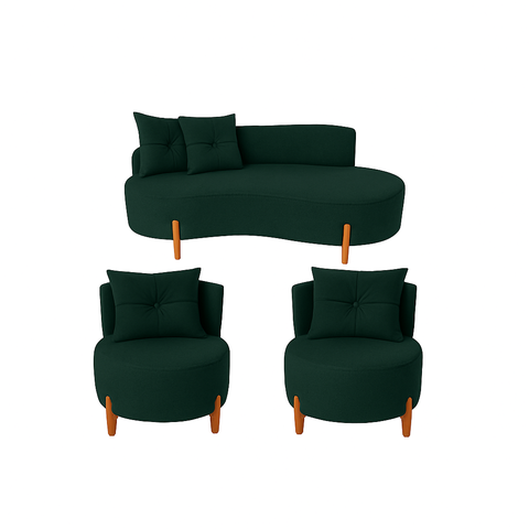 Conjunto 2 Poltronas + Sofá Curvo Orgânico Veludo Verde - Montanaris Decor