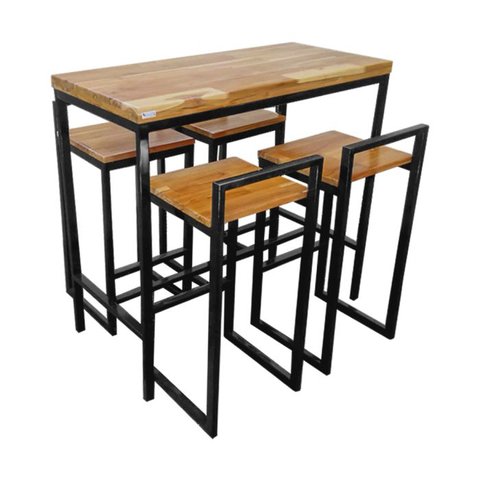 Conjunto Mesa Bistrô Industrial 1m Teca com 4 Banquetas Industrial Taburete