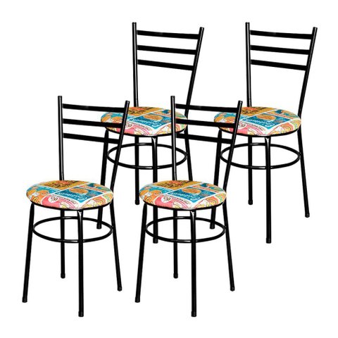 4 Cadeiras para Cozinha Epoxi Preta Assento Floral Cor:happy Hour