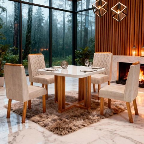 Sala de Jantar Paola 4 Lugares Tampo em MDF e Vidro Cadeiras Bege 90cm Bom Pastor Móveis