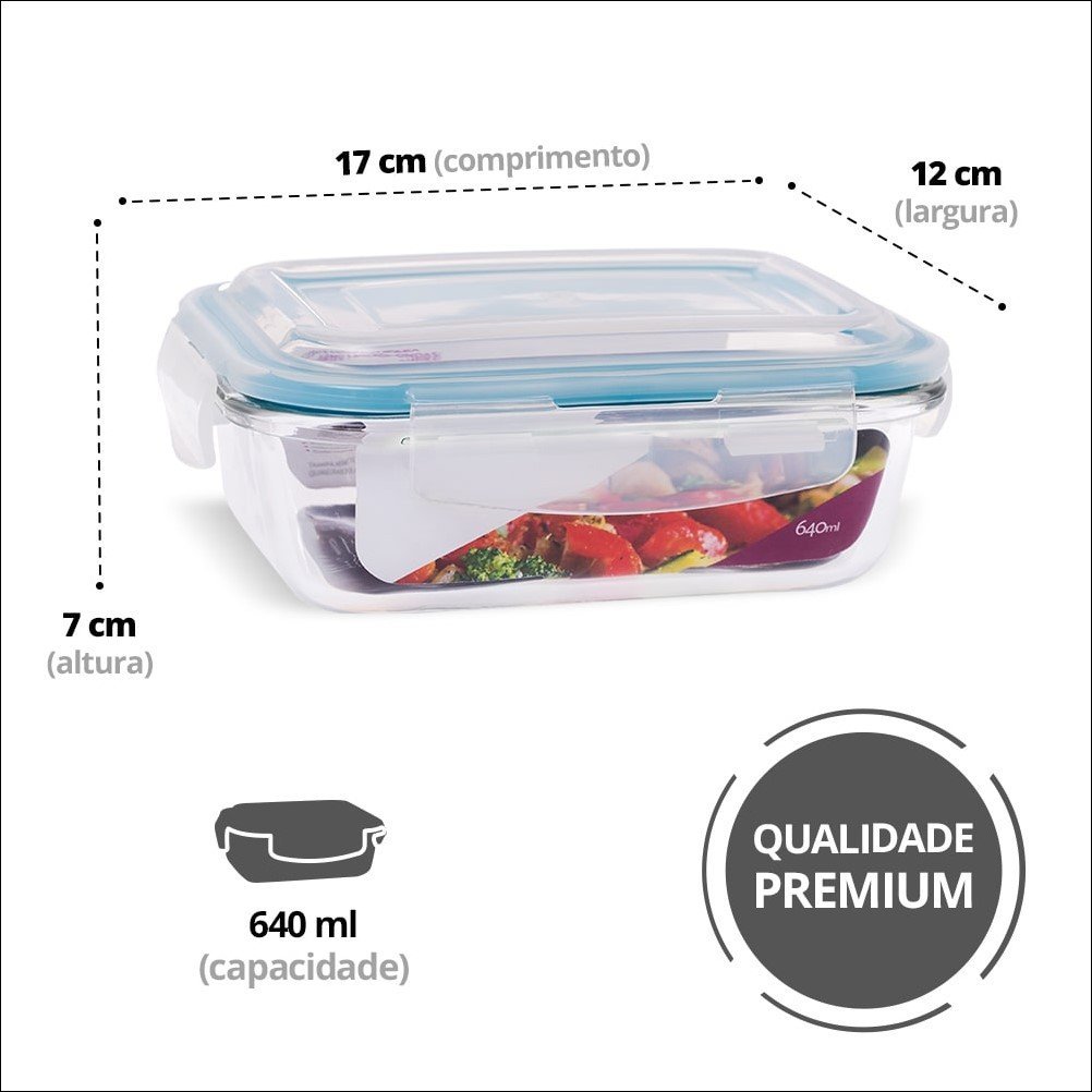 2 Potes Vidro 640ml Marmita Fitness Tampa Hermética 4 Travas - 5