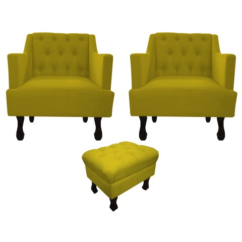Kit 2 Poltronas Decorativa Julia + Puff Luis Xv Couro Amarelo Pés Madeira Mz Decor