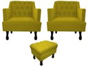 Ver imagem 1 de Kit 2 Poltronas Decorativa Julia + Puff Luis Xv Couro Amarelo Pés Madeira Mz Decor