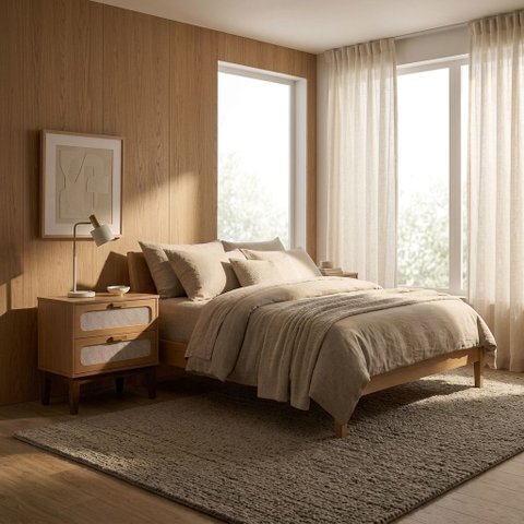 Kit Mesa de Cabeceira Santorini MDF Pés de Madeira Maciça 45cm Natural e com Gavetas Estilo Retro