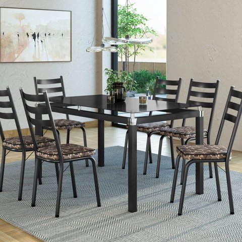 Conjunto Mesa Malva 140x80cm com 6 Cadeiras New Preto/Palha