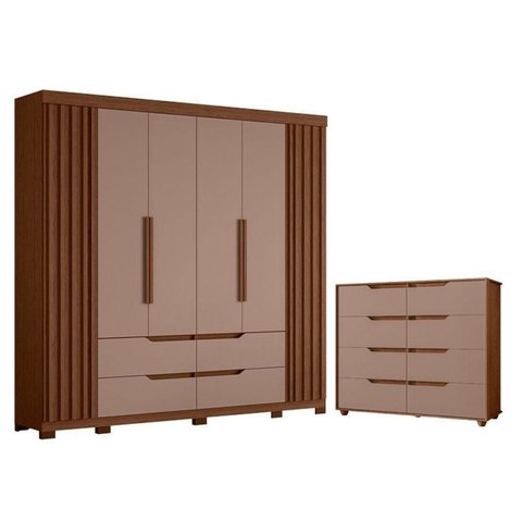 Guarda Roupa Doble Casal 06 Portas e Cômoda Doble 08 Gavetas Flex Nogueira Capuccino - Móveis