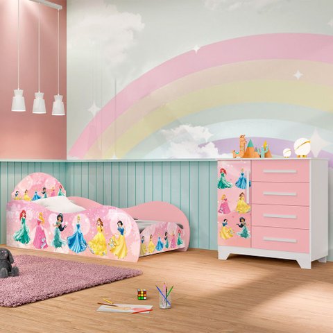 Jogo Quarto Infantil Carro Rosa com Cama e Cômoda Personagens Menina Criança Moderno Completo