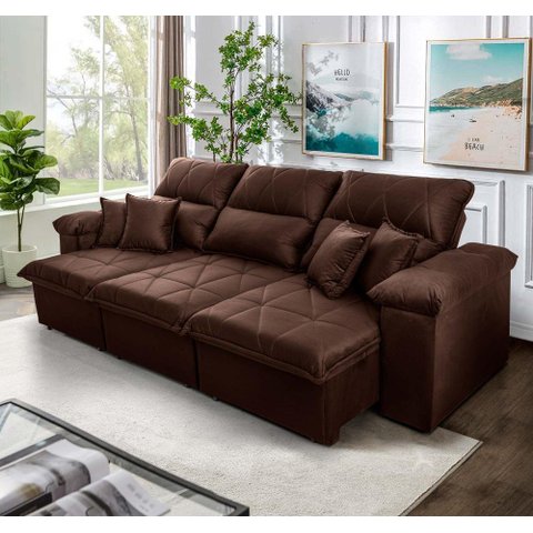 Sofá Retrátil/Reclinável Trento 2,30m Suede Velut Marrom c/ Molas no Assento - King House