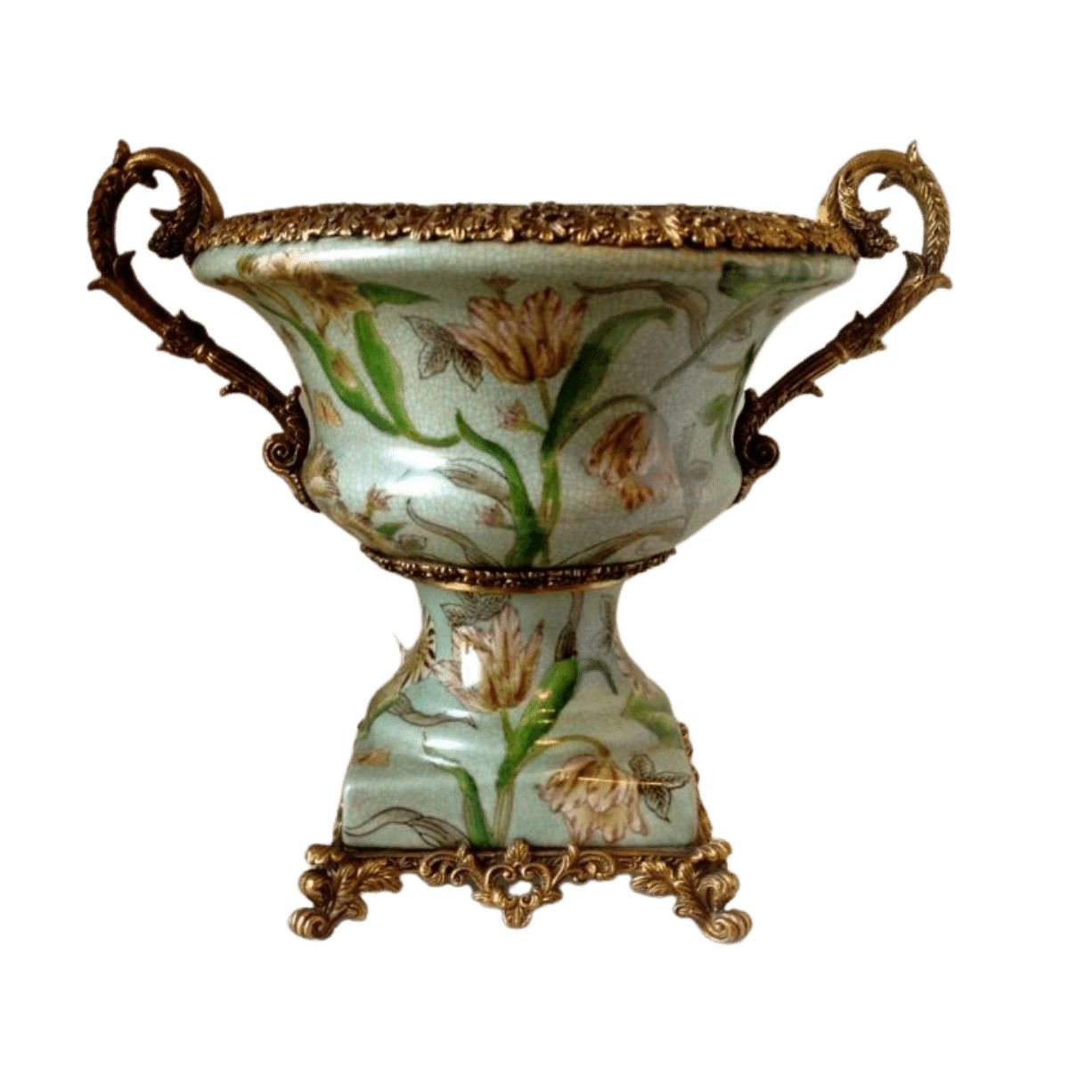 Ânfora Em Porcelana Craquelê, Fundo Verde Claro E Pintura Floral. Alças E Base Em Bronze Trabalhado