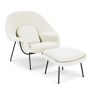 Poltrona Womb Chair com Puff Base preta Veludo Branco