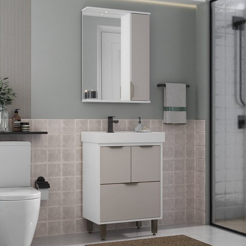 Armário Conjunto de Banheiro com Gabinete Cuba e Espelheira e LED 60 cm Eleganza Branco/Fumê
