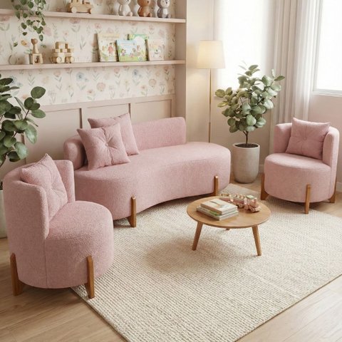 Conjunto 2 Poltronas + Sofá Curvo Orgânico Luna Boucle Rosa - Montanaris Decor